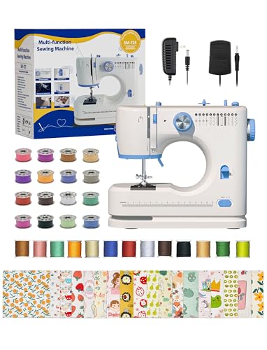 Portable Sewing Machine, Lncludes Beginner Basic Sewing Machine Kit, 12 Stitch Patterns Built-In, Versatile 2-Speed Foot Pedal, Great for Beginners, Adults, Home Use - Blue and White