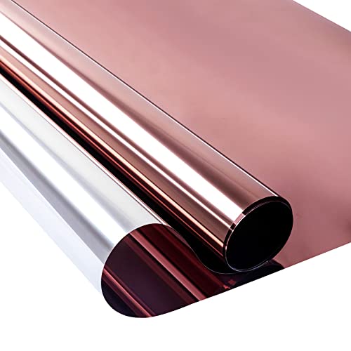Zindoo One Way Window Film Privacy, Reflective Window Film Anti Glare, Mirror Window Film Heat Reducing, Window Tint Film UV Blocker, Window Sticker Adhesive for Home, Office, Tea Silver, 40x200cm