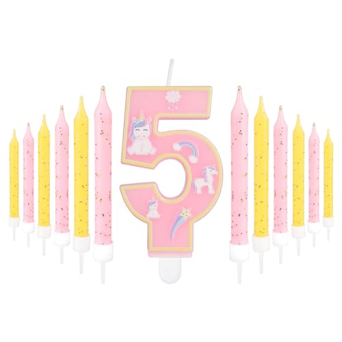 mciskin Pink 5th Birthday Candle,Girl 5th Birthday Decorations,Number 5 Candle for Cake,Party Candles,Pink Candles Yellow Cake Topper for Girls Birthday Party Decorations,Baby Showers Suppplies