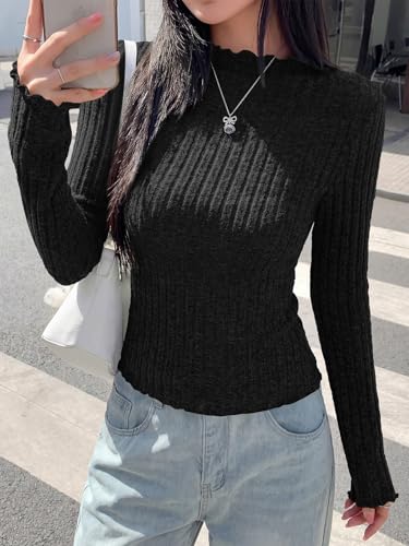 PRETTYGARDEN Womens Tops Dressy Casual Lettuce Trim Mock Neck Knitted Sweaters Long Sleeve Slim Fit Fall Layer Outfits (Black, Small) — view 2
