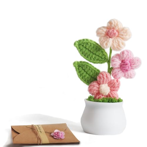 Knitting Crochet Puff Flowers Potted Plants, Handmade Knitted Gradient...