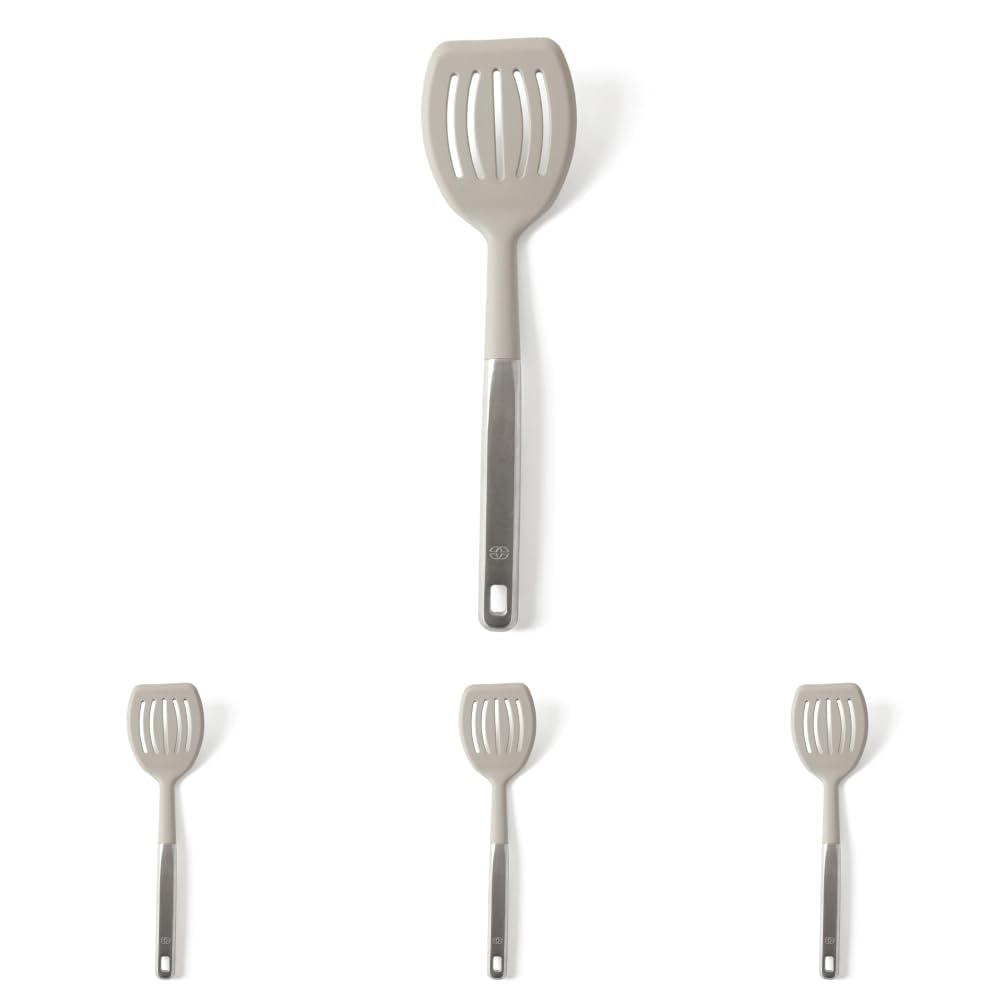 Calphalon Prime Slotted Turner,Kitchen Flipping Spatula,SlottedSpatula -Silicone Head &amp; Stainless Steel Handle,Heat Resistant Nonstick Cookware-Flipping &amp; Draining (Taupe), Slotted Turner (Pack of 4)