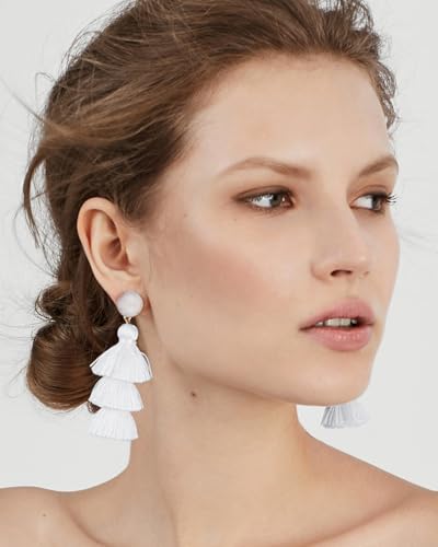 White Tassel Earrings for Women Dangling Boho Summer Beach Earring Big White Fringe Dangle Drop Earrings Handmade Tiered Tassel Earring Women Summer Beach Jewelry Gift for Vacation - Thumbnail 3