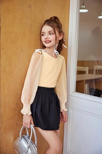 Image of Arshiner Girls Long Sleeve Shirt with Ruffle Cuffs Polka Swiss Dots Kids Girls Pullover Shirts Cute Crewneck Girls Top