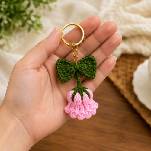 Image of Handmade Crochet Keychain for Women & Girls, Cute Yarn Key Ring, Bag Charm, Car Key Holder & Gift, Aesthetic Handmade Floral Accessory