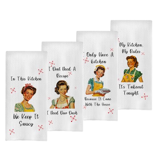 GCFET Funny Kitchen Towels Set - Vintage Waffle Weave Dish Towels, Funny Dish Towels with Saying, Tea Towels for Kitchen, Vintage Retro Kitchen Towels, 16x24 Set of 4
