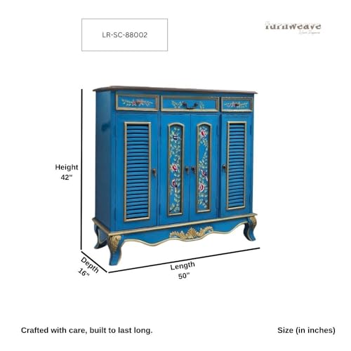 Image of Femia Wooden Shoe Rack Cabinet with 2 Doors & Drawer | Handpainted Solid Wood Shoe Storage Organizer with Shelves | Decorative Entryway Shoe Cabinet for Living Room & Home | Blue Finish