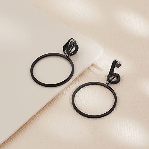 Black Circle Clip On Earrings For Women Non Piercing Round Dangle Earrings Geometric Clip Drop Earrings For Women Girls #TOP4