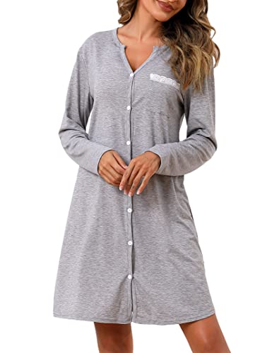 Clearlove Nachthemd Damen Langarm Schlafshirt Schlafhemd Negligee Frauen Einfarbig Nachtwäsche Nachtkleid Schlafkleid Loungewear Sleepwear mit Knöpfen Grau S Cover
