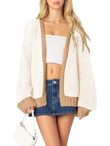 Image of Women's 2025 Fall Long Sleeve Cable Knit Sweater Color Block Open Front Cardigan Chunky Loose Outerwear Coats