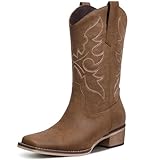 Bybmorto Brown Cowboy Boots for Women Square Toe - Mid Calf Western Cowgirl Boots with Embroidery, Pull On Chunky Heel Fashion Footwear for Daily Casual Party Country Concert, Size US 8