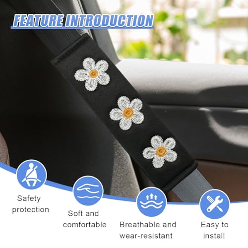 Image of 4PCS Daisy Flower Car Seat Belt Cover Pads, Protect Neck, White | Soft Breathable Auto Seat Shoulder Strap Pad, Comfortable Seatbelt Cushion, Vehicle Interior Decoration for Cars, Trucks