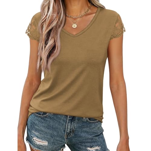 Image of Womens Tops V Neck Short Sleeve T Shirts Womens Summer Tops Casual Soft Basic Lace Tops Spring Summer Tees Clothes 2026
