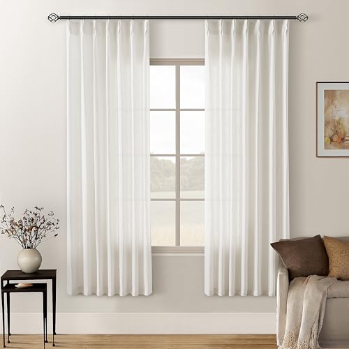 Image of 72 Inch Pinch Pleated Linen Curtains 2 Panels for Living Room Bedroom Memory Training Shaped Cream Birch Semi Sheer Short Pleat Drapes with Hooks Rings Back Tab Window Curtain Cabin Closet 40x72