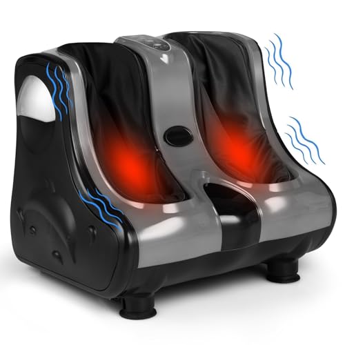 RELAX4LIFE Foot and Calf Massager, Shiatsu Foot Massager Machine w/Heating, Kneading, Vibration, Rolling, Adjustable Speed & Tilt Base, Leg Massager for Pain Relief (Grey)