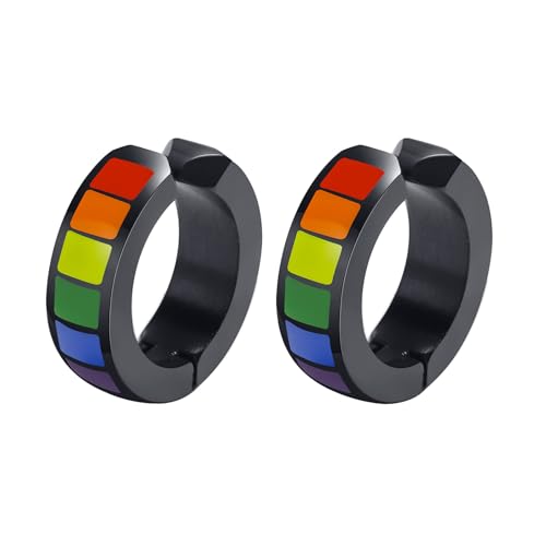Nanafast Stainless Steel Rainbow Hoop Earrings LGBT Pride Earrings for Women Men Lesbian Bisexual Transgender Nonbinary Asexual Flag Earrings LGBTQ Pride Jewelry Gifts-Black Non-Pierced