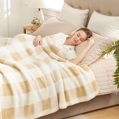 Cozy Bliss Luxury Sherpa Throw Blanket for Couch, Premium Reversible Buffalo Plaid Thick Throw, Warm Cozy Soft Blanket for Home and Gifts (Beige, 60" x 80") — view 3