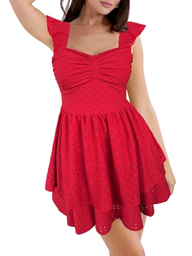 Image of HESUUIO Women's Summer Mini Dress Elegant Backless Hollow Out Eyelets Layered Flowy Swing Short Party Dress Casual Sundress