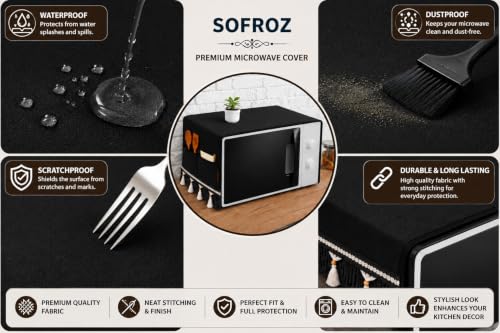 Image of Microwave Oven Cover for Durable, Waterproof and Dustproof Kitchen Protector with 4 Side Storage Pockets for Kitchen Accessories (100 x 35 cm) (Black Lace)