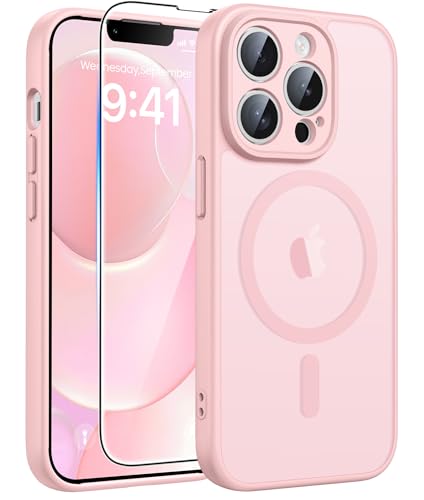 FNTCASE for iPhone 13 Pro Case: Magnetic Translucent Matte Slim Cases with [Tempered Glass Screen Protector] [Full Camera Protection] Military Grade Shockproof Protective Phone Cover(Light Pink)