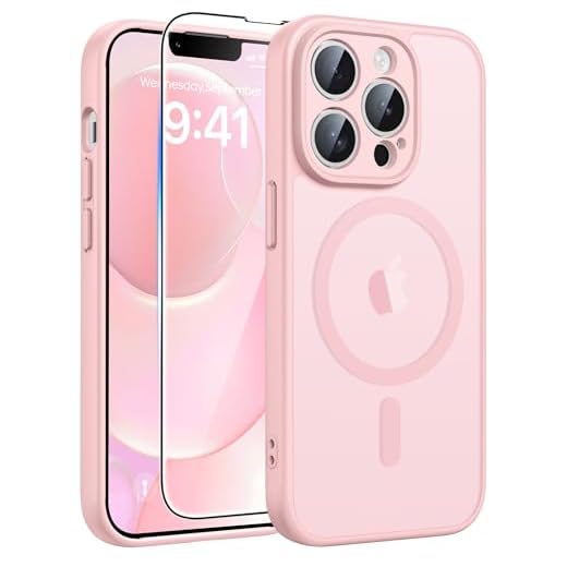 FNTCASE for iPhone 13 Pro Case, Fit for Magsafe, Light Pink | Screen Protector, Translucent Matte, Military Grade Drop Proof, Shockproof Protection Bumper, Protective Magnetic Phone Cover