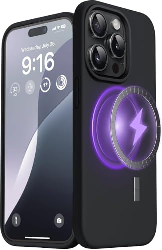 Image of Elzzi Magnetic Silicone Case Compatible with iPhone 16 Pro Max Case, Built-in Magnets, Soft Grip Silicone Mag-Safe Case, Shockproof Camera Protection Cover (Black)