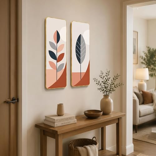 Image of The Castle Decor Modern Abstract Botanical Painting Set of 2 | Beige Terracotta Leaf Wall Art 19X27 Inch | Aesthetic Home Decor for Hallway Bedroom Office