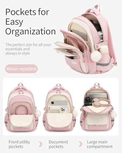 Image of School Backpack for Teen Girls, Large Capacity Laptop Bag for High School Middle School Elementary, Aesthetic Bookbag College Women, Beige Pink
