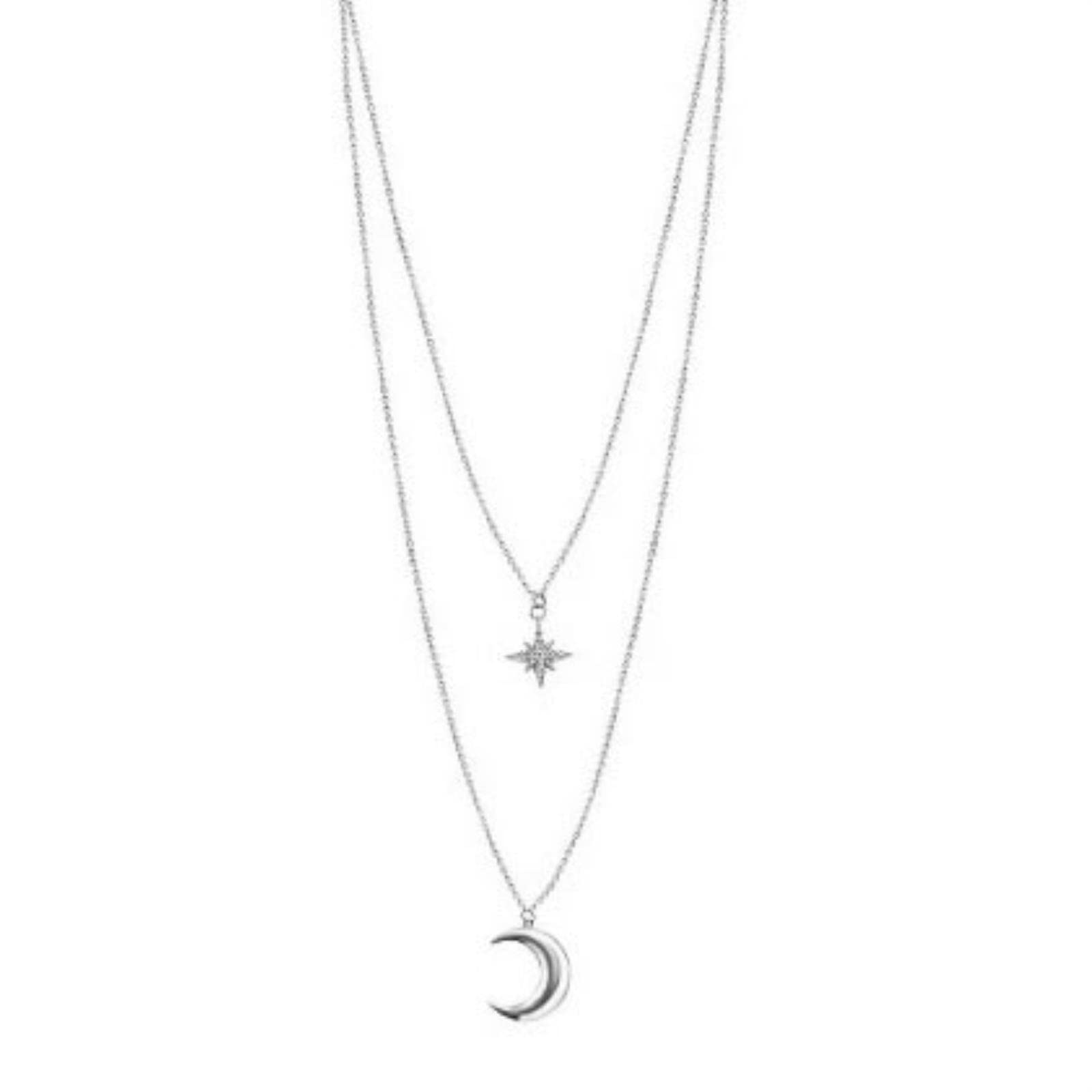 Laychen Women's Silver Color 925 Sterling Silver Trendy Double Layer Zircon Star Moon Pendant Necklaces For Girl Clavicle Choker Chain Necklace