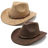YASHIIN Cowboyhut für Männer und Frauen mit breiter Krempe im Freien Wildleder Hut 2er Pack Klassische Kaffeefarbe Weich Bequem Verstellbare Größe mit Metall Schädel Geflochtenes Band