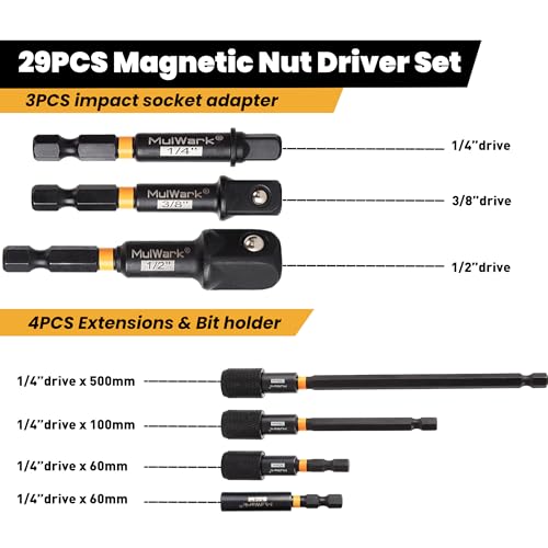 image for MulWark 29 Piece Magnetic Nut Driver Set, Impact drill socket adapter,