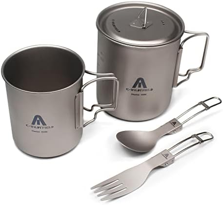 C·WILDYFIELD Titanium Cup Set,Ultralight 750/450ml Camping Pot Cup with Spoon and Fork Camping Mug for Travel,Daily,Hiking