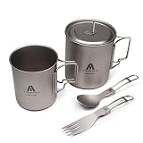 C·WILDYFIELD Titanium Cup Set,Ultralight 750/450ml Camping Pot Cup with Spoon and Fork Camping Mug f