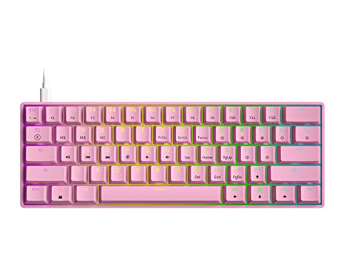 GK61 Teclado mecánico para juegos – 61 teclas multicolor RGB iluminado LED retroiluminado con cable programable para PC/Mac Gamer (Gateron mecánico amarillo, prisma rosa)
