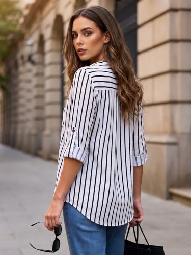Image of Bulotus 3 /4 Length Sleeve Womens Striped Tops Zipper V Neck Collared Blouses Business Casual Tunics 2026 Spring Trendy