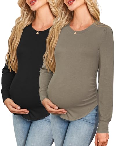 OUGES 2er-Pack Damen Langarm Stillshirt Stretch-Wollmischung Stilltop Herbst Winter Umstandsshirt Umstandskleidung-L