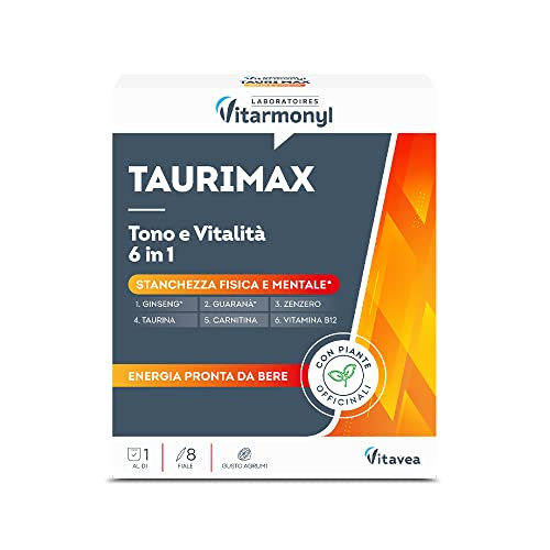VITARMONYL - TAURIMAX - Integratore alimentare Contro la stanchezza fisica e mentale - Con ginseng, guaranà, zenzero, vitamina B12 e taurina - Confezione da 8 fiale - 80 ml