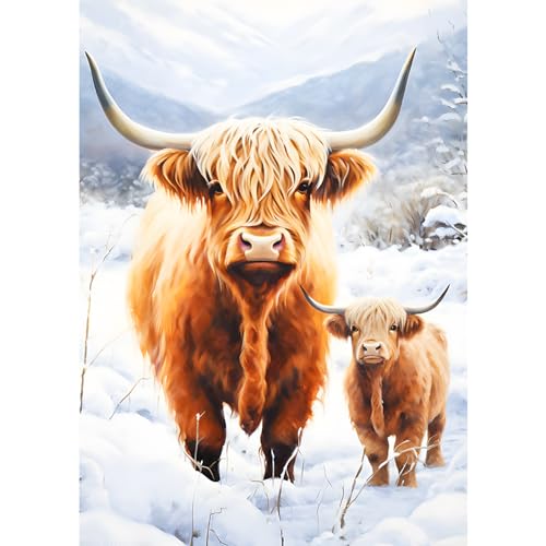 AIRDEA 5D Highland Cow Diamond Art Painting Kits, Cow Snow DIY Full Drill Crystal Rhinestone Painting Art Kits