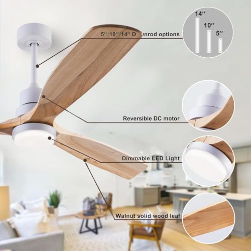 Image of QUTWOB 56 inch 3-Blade Wood Ceiling Fan with Light & Remote, Indoor Outdoor | solid natural wood blades, quiet dc inverter motor, 6-speed reversible remote, 3-color led, for indoor outdoor living room