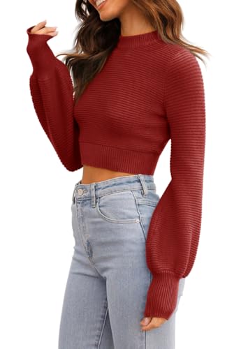 Image of Womens Sexy Crew Neck Cropped Sweaters Knit Long Sleeve Crop Tops Pullover | Ribbed Knit, Long Sleeve, Crop Tops, Pullover,Crew Neck