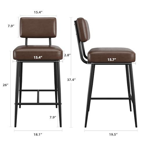 Image of GarveeHome Bar Stools Set of 4, 26 inch Brown Faux Leather Counter Height Bar Stools with Backs, Modern Upholstered Barstool Chairs with Metal Legs for Kitchen Island, Home Bar, Dining Room