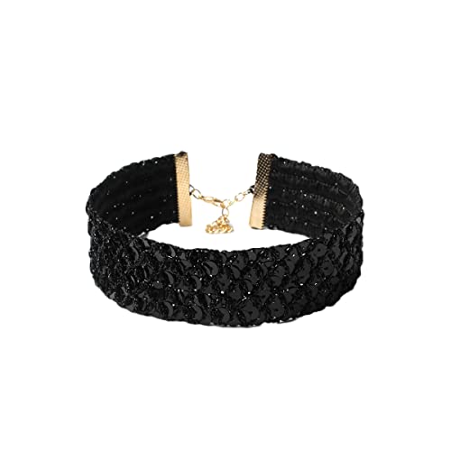 Colorful Bling Chunky Wide Sexy Lace Velvet Short Collar Necklace Shiny Thick Rhinestone Metal Sequins Choker Necklace Party Costume Jewelry For Women Girls-Black #TOP6