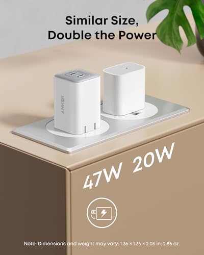 Anker Nano 47W Fast Charger USB C, 2-Port Compact Foldable USB C GaN Charger for iPhone 17/16, Galaxy, Pixel, Compatible with MagSafe (White)