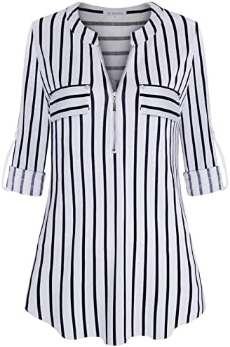 Bulotus Plus Size Tunic Tops to Wear with Leggings, Blouses for Women Fashion 2022 Womens 3/4 Sleeve Tops and Blouses Business Casual Tops V Neck Zipper Summer Fall Shirts, Stripe, XXX-Large