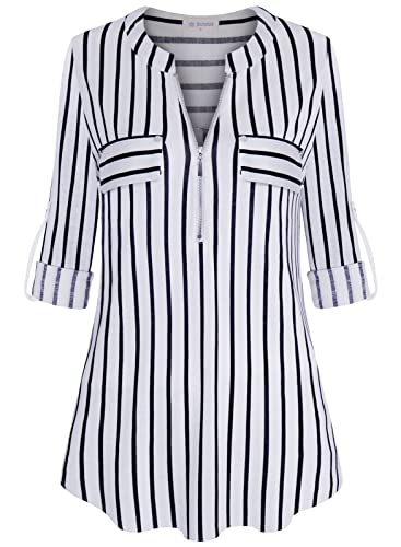 Bulotus Women's Zip Front V-Neck 3/4 Length Sleeve Womens Tops Business Casual Shirts