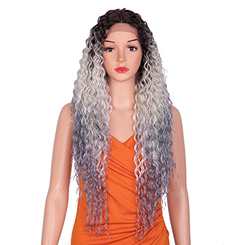 NOBLE STAR Water Wave Lace Front Wigs 30 Inches Curly Wavy Middle Part Lace Wigs Heat Resistant Synthetic Wigs for Black Women 130% Density (Ombre Grey)
