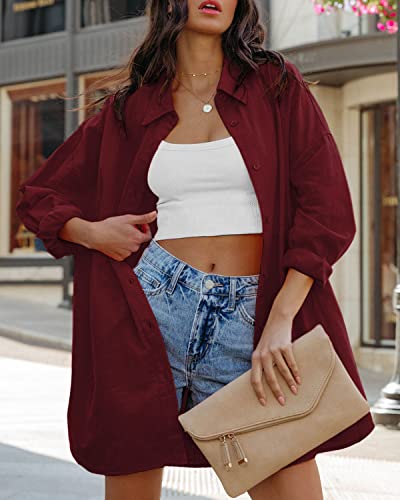 Image of FSHAOES Womens Oversized Button Down Shirts Casual Loose Long Sleeve Solid Lapel Long Blouses Tops with Pockets