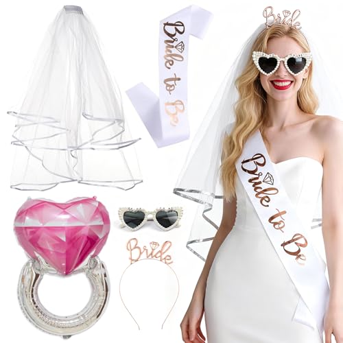 Bride to Be Bachelorette Party Set, 5-Piece Bridal Shower Accessories Kit with Pearl Heart Sunglasses, Veil, Sash, Bride Headband & Ring Balloon for Wedding Party Decorations by Frstem - Image 8
