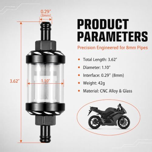 1 PC Inline Fuel Filter, 1/4 Inch Metal Glass Fuel Filter for Motorcycle ATV Dirt Bike, See-through Design with Washable Element, Universal for Small Engines (Black) — 사진 2