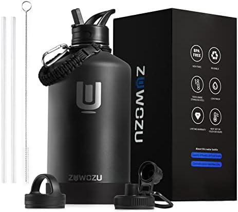 ZUWOZU 1 Gallon Water Bottle Insulated,128oz Large Stainless Steel Water Bottles with Straw, Strap&3 Lids,Gallon Water Jug for Gym,Hiking(Black)